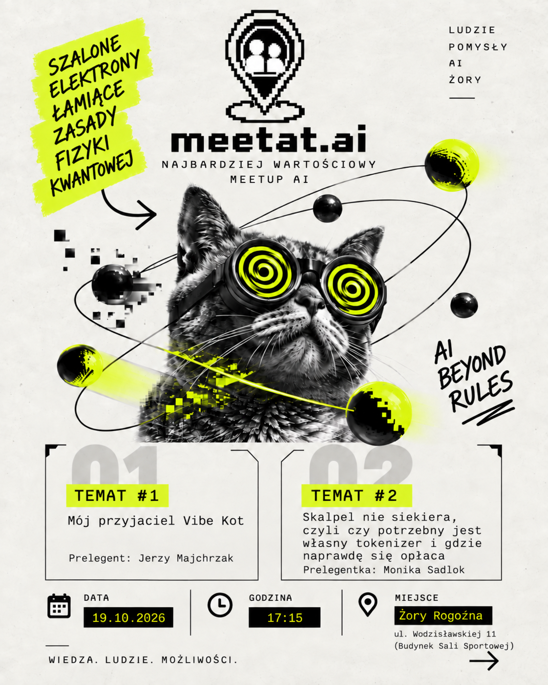 Plakat meetat.ai z kotem w neonowych okularach